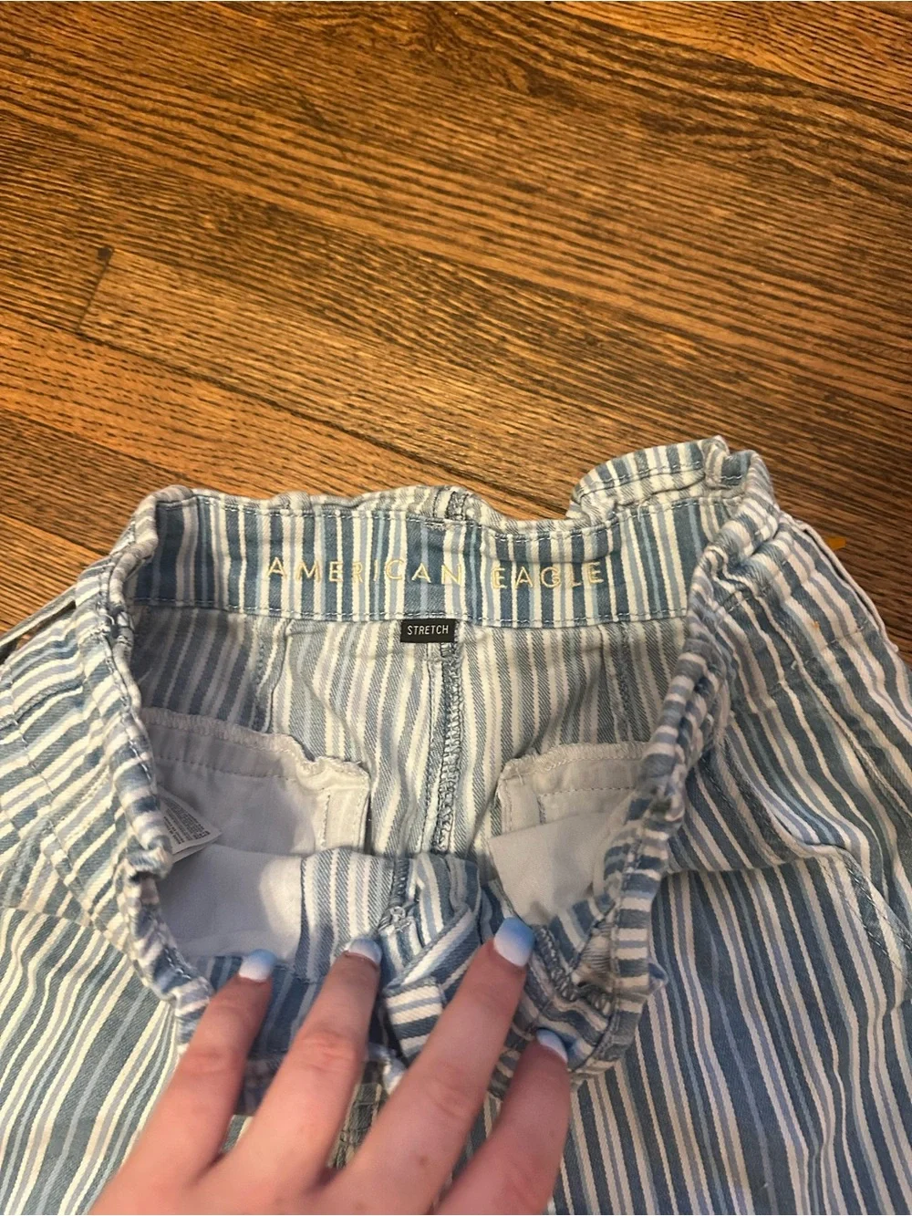 American Eagle Light Blue Striped Paperbag Waist Women's Shorts